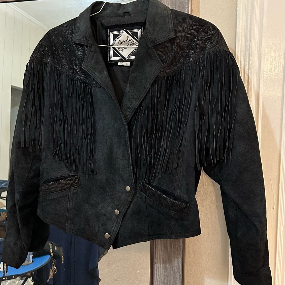 Body Exteriors black suede fringed jacket. Size L.